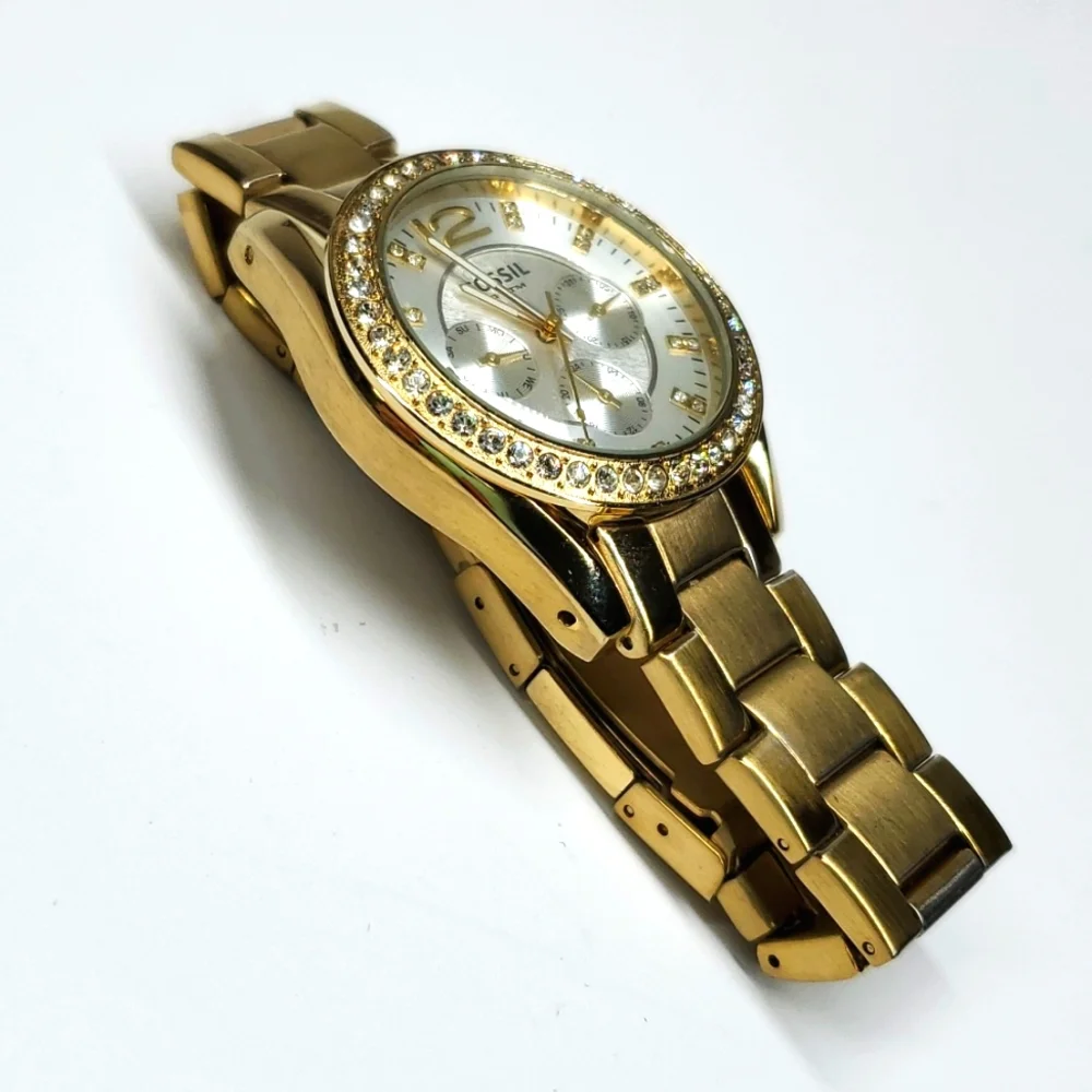 Fossil Watch ES2421 Gold Steel  Wristband Crystal Bezel White Face Multi